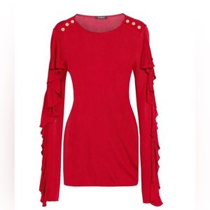 SOLD!!! BALMAIN Red Silk Ruffle Sleeve Sweater with Gold Hardware NWT Size 46